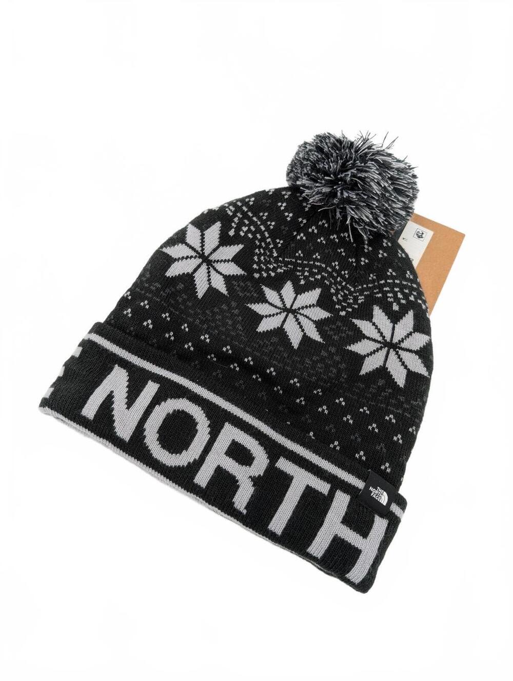 The North Face Snowflake Pom Beanie Knit Winter Logo Hat Kids Medium Black Gray
